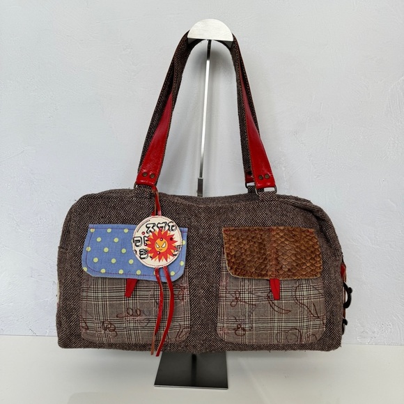 KIMIDORI Designer Tweed Leather Shoulder Bag Colorful Polka Dot Large Y2K OOAK - Picture 3 of 15
